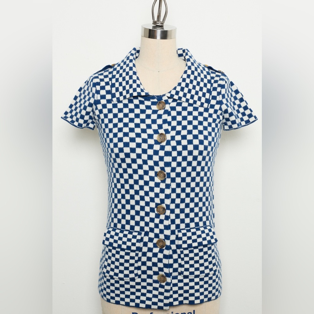 Short-Sleeve, Wide-Collar, Checkerboard-Pattern Cardigan[NEW]